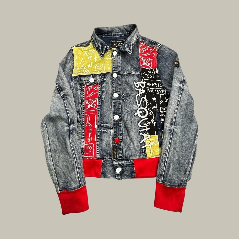 Reason Denim Jacket Mens M Blue Basquiat Collaboration Patchwork Art Streetwear